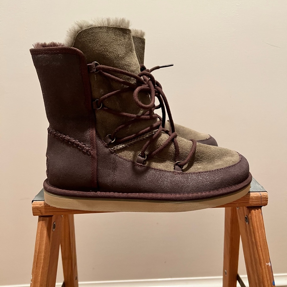 “Lace up” Ugg boots. Brown and grey. Never worn.